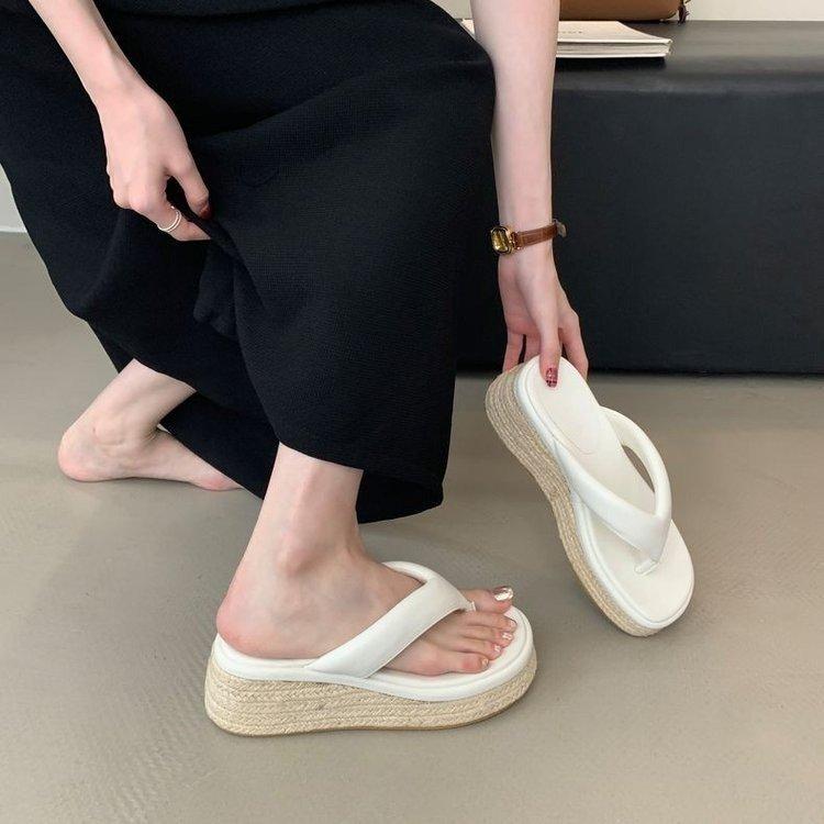 Fashion Women's Platform Silver Shoes, Platform Shoes, White, Hemp Rope, Flip-flops, Fashionable Design