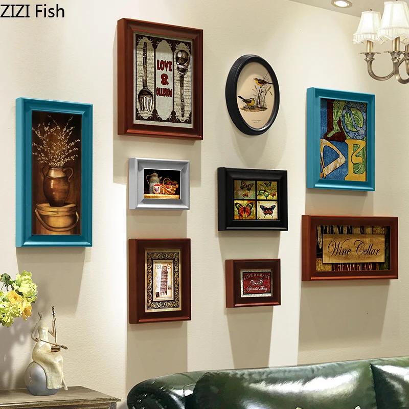 9 Pcs-set Wall-mounted Photo Frame Mural Vintage Wood Picture Frames Figure Portrait Framed Art Living Room Decoration Ornaments