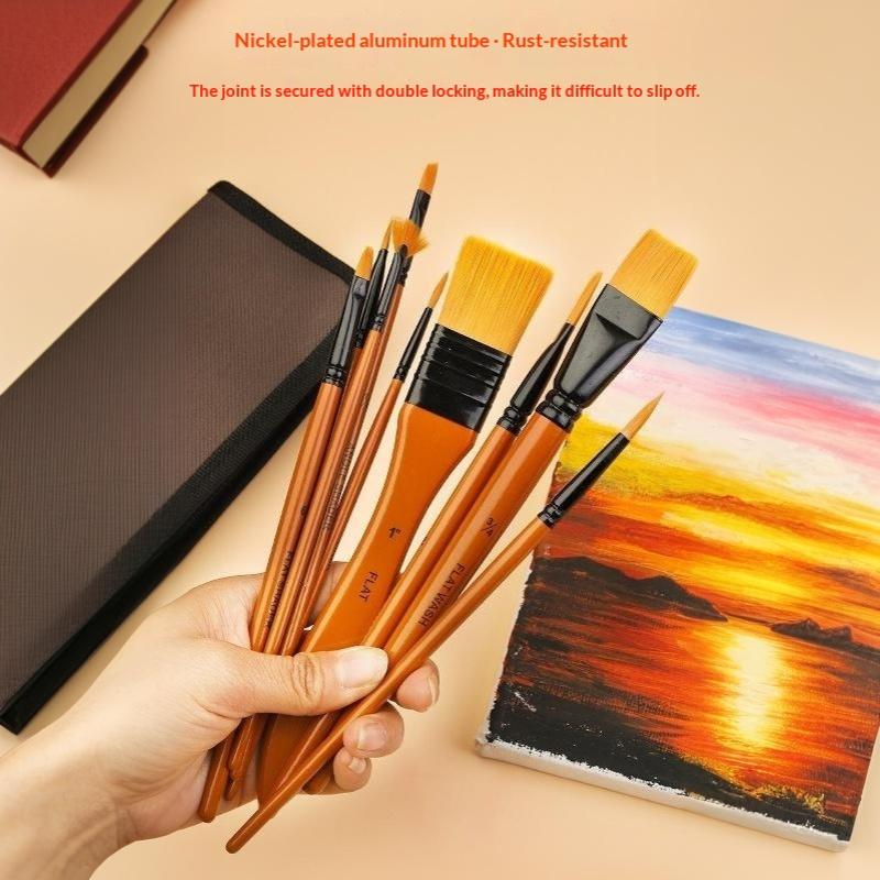10 Pcs Orange Handle Nylon Bristle Watercolor Brush Set with Canvas Bag for Kids Adult DIY Handcraft Painting