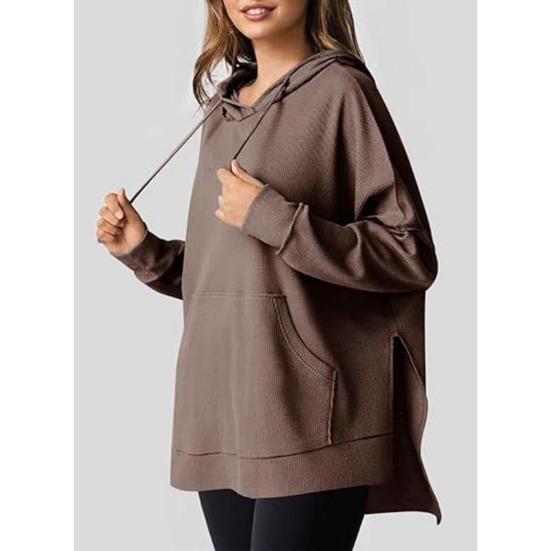 

Осенне-зимняя женская толстовка с капюшоном, вафельная вязка, боковые разрезы, пуловер, длинные рукава, толстовки и свитшоты (Женский) M коричневый