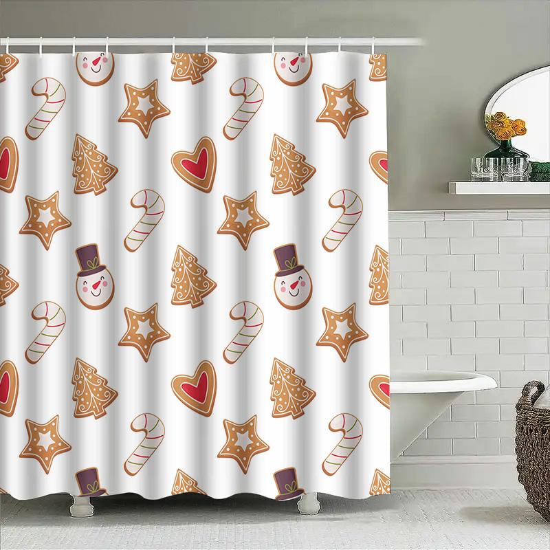 Christmas Shower Curtain, Gingerbread Cookies Pattern Bathroom Decor Set for Holiday Season Home Kitchen Waterproof Fabric with