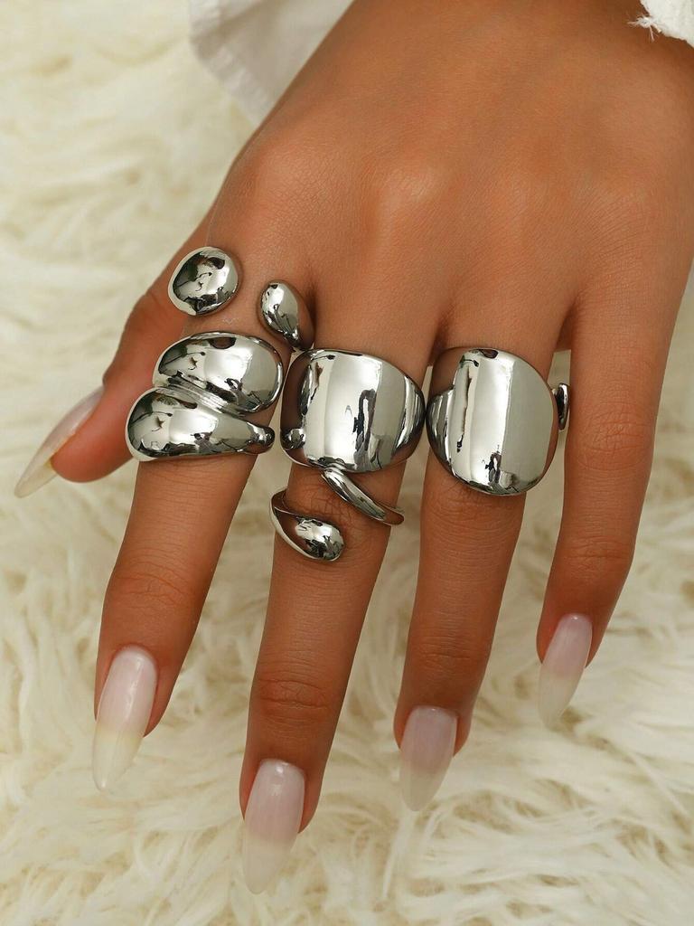 5pcs/Set Chunky Geometric Asymmetrical Stacked Metal Open Rings Set Smooth Exaggerated Cocktail Ring For Women Party Jewelry New