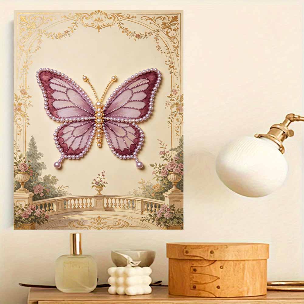 Elegant Butterfly Pearl Kit 5D DIY Round Rhinestone Art Craft for Adults Home Wall Decoration Beginner Friendly Frameless Design