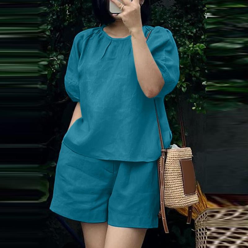 ZANZEA Lässiges Zweiteiler-Set aus Bluse und Shorts für Damen mit halblangen Ärmeln