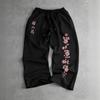 Men's Japanese Sakura Print Black Jogging Pants, Pink Floral Pattern Wide Leg Sweatpants, Elastic Waist Casual Pants 2025