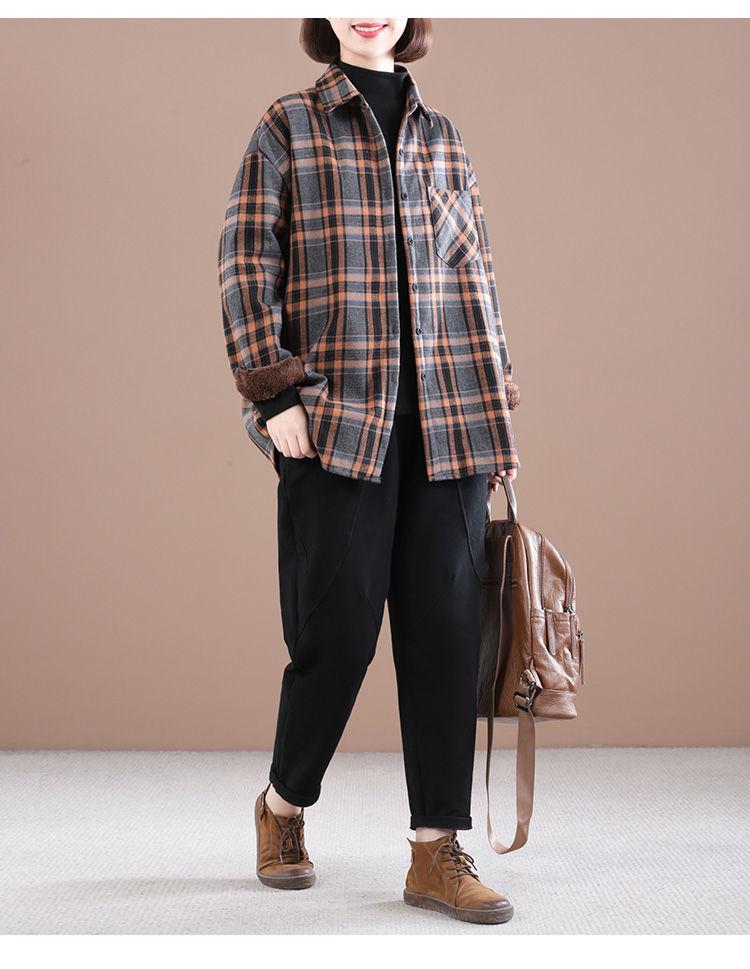 Women's Winter Brushed Plaid Long Sleeve Mid-Length Coat