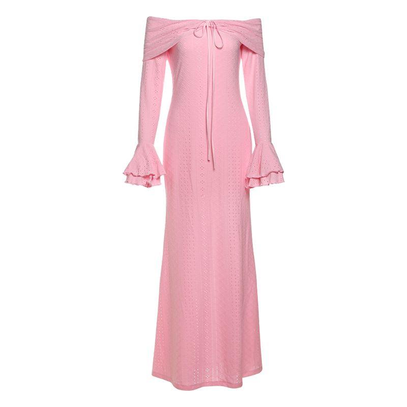

# Sisjuly# European and American Pure Desire Pink Memories Hollow Lace-up Design Horn Long sleeve dress Women Summer Pink S