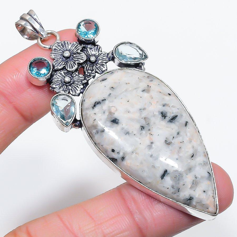 Natural K2 Blue Azurite, Topaz 925 Sterling Silver Jewelry Pendant 3.07" Z2n69