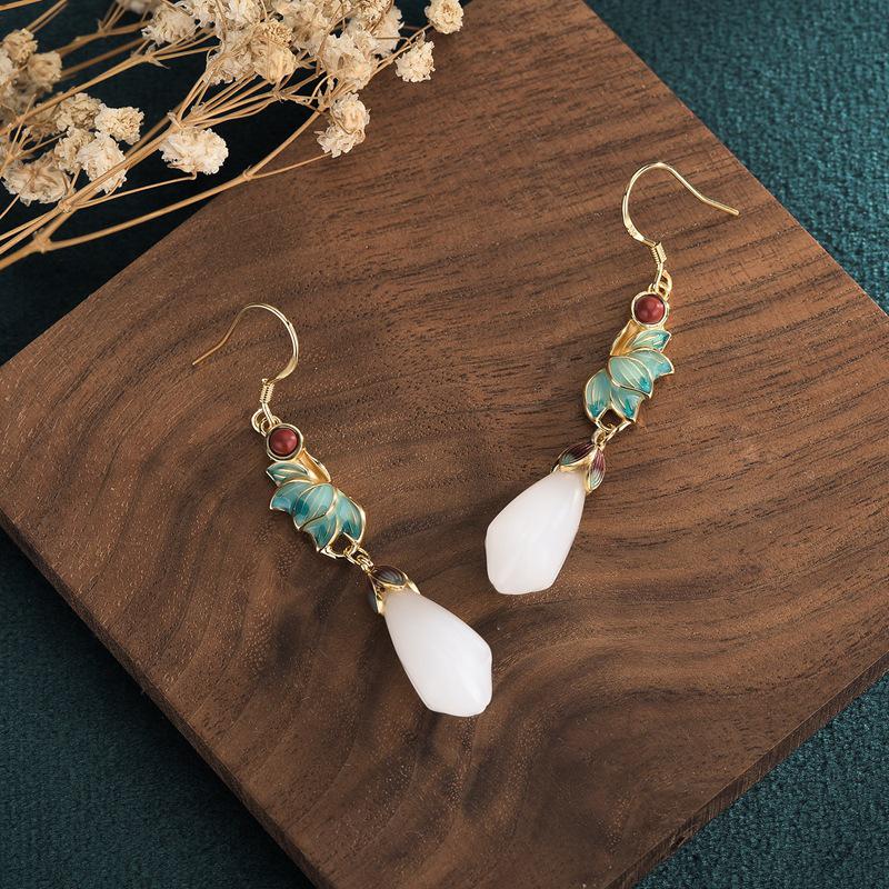 Cloisonné Magnolia Earrings with Gold-Plated Copper and Imitation Hetian Jade in Retro Court Style