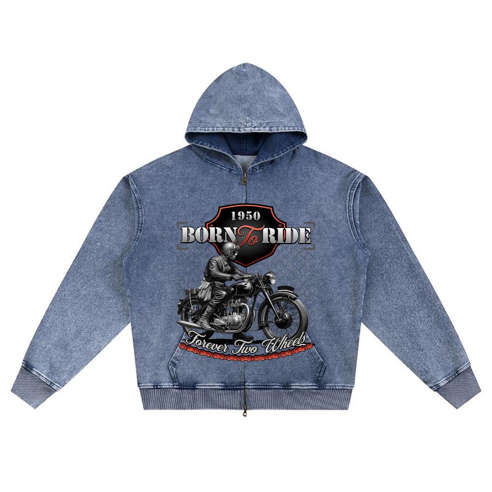 DTG Print Knitted Denim Zip-Up Hoodie Born To Ride Brother Print Zipper Hoodies