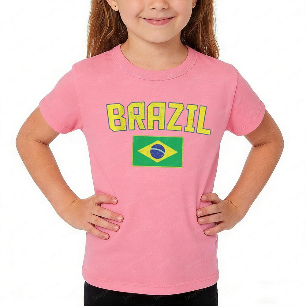 Brazil Flag Retro Style Graphic Children Shirt Kid Boys and Girls Summer Cotton Short Sleeve Little Soccer Fan Casual Daily Wear