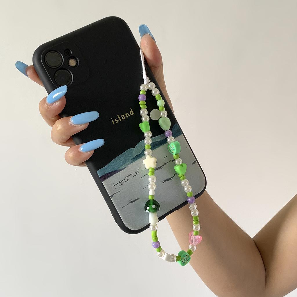 Wind Trend Mushroom Imitation Pearl Tassel Mobile Phone Chain, Fashion Street Photography Contrasting Color Smiley Face Letter Bracelet Pendant