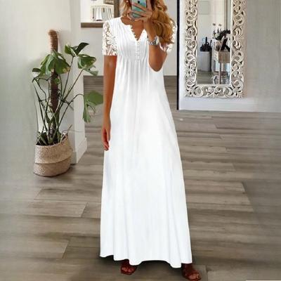 Women's Maxi Dress Lace V-Neck Hollow Short Sleeve Long Dress Summer Loose Dress