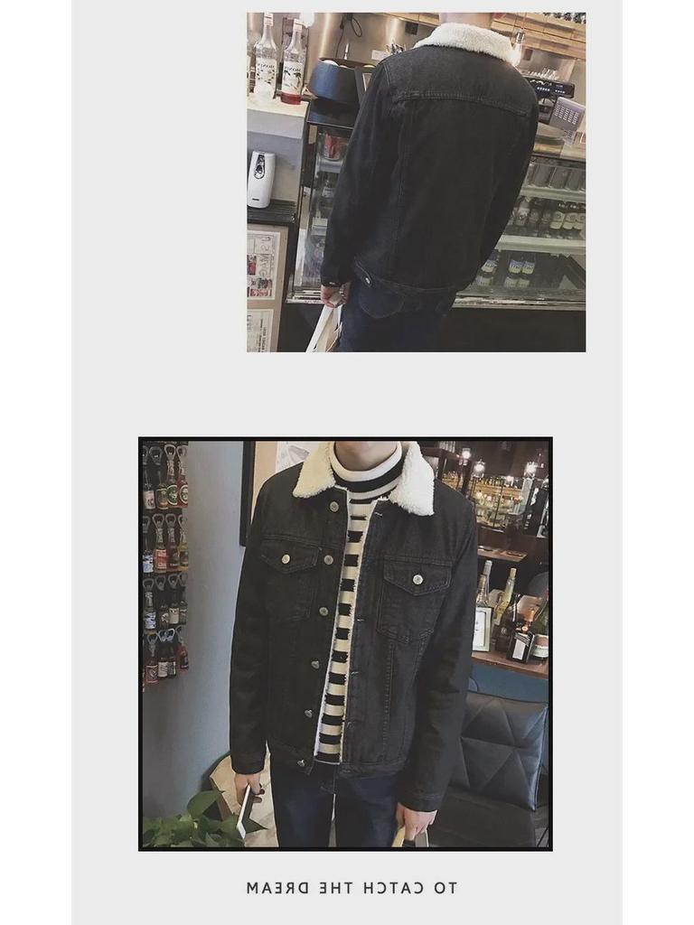 Heren Slim Fit Winter Denim Jas met Velvet en Lamswol Voering
