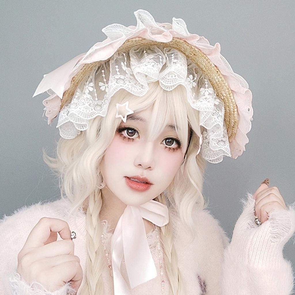 Elegant Straw Sun Hat For Women Garden Party Traditional Lace Bowknot Bonnet Hat for Theme Party Costume Accessories