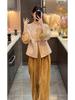 Autumn 2025 Modern Chinese Embroidered Frog Button Jacket & Wide-Leg Pants Two-Piece Set