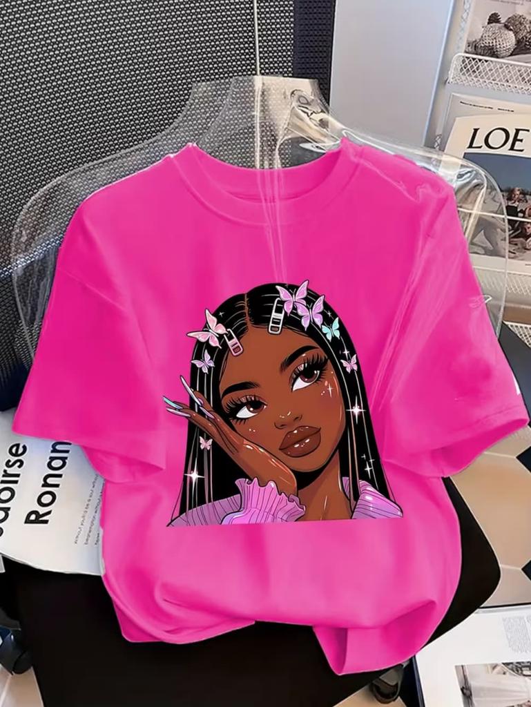 Girls' Summer Crew-Neck Short-Sleeved Top New Black Girls Cute Top Girls Clothes Cartoon Print T-Shirt Top Children's Clothing