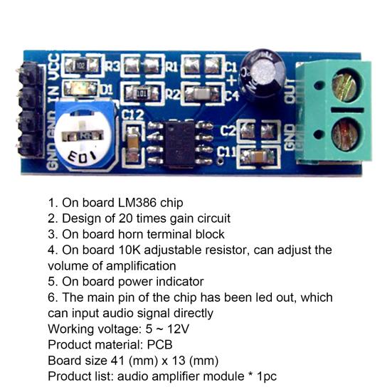 Lot De 5 Modules Amplificateur Audio LM386 - Gain 200x, Entrée 5V-12V, 10KΩ - Neuf