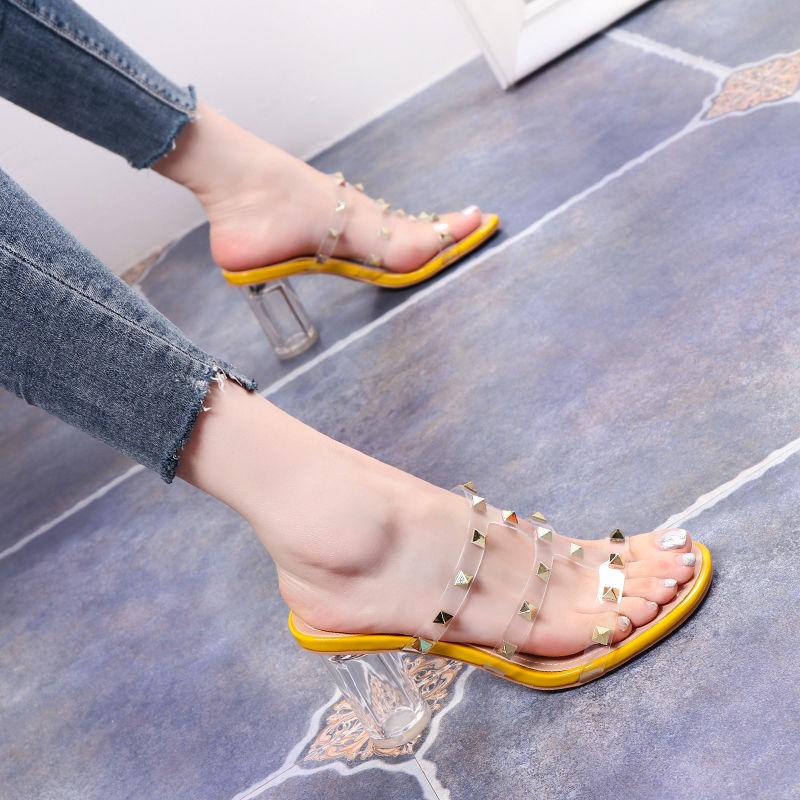 Women Slippers Shoes Rivet Transparent Cross Straps Ladies Round Toe Female Summer Plus Size Casual Fashion Slip On