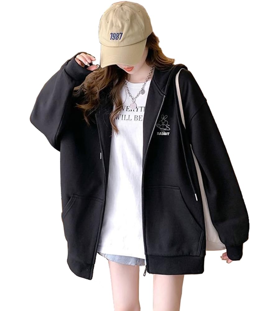 TASOGARA Long Zip Hoodie with Fleece Loose Plus Sizes Casual Wear Women's Lining, Fit, Available, Fall/Winter (JP, Alphabet, M, Black)