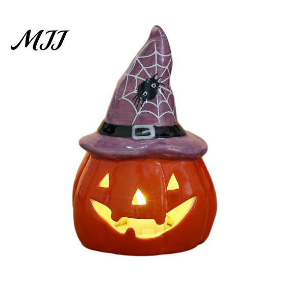 Small Ceramic Halloween Figurine Tealight Holder, Lighted Ghost Pumpkin with Cute Room Decoration Witch Hat, Tiered Tray Tabletop Decor for