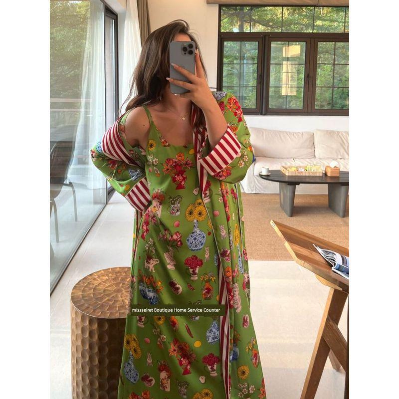 

French Light Luxury ~ Km Middle Ancient Green Vase Sling Satin Pajamas Women Art Print Fashion Summer Vacation Long dress Dressing gown L