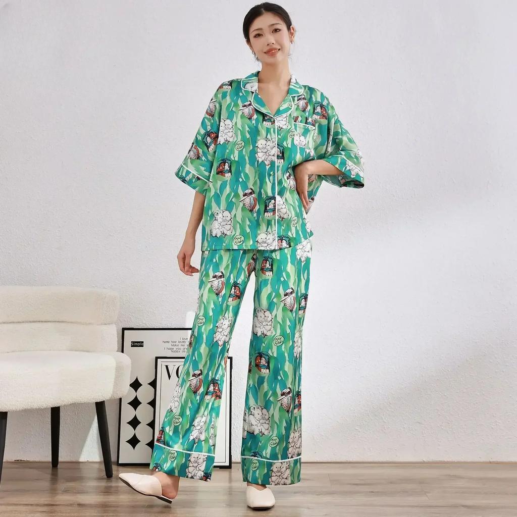 Neue französische Damen-Nachtwäsche Eis-Seide bedrucktes Mittelarm-Set mit hochwertigem Gefühl, Ins-Stil Revers Hausanzug Set Pyjama