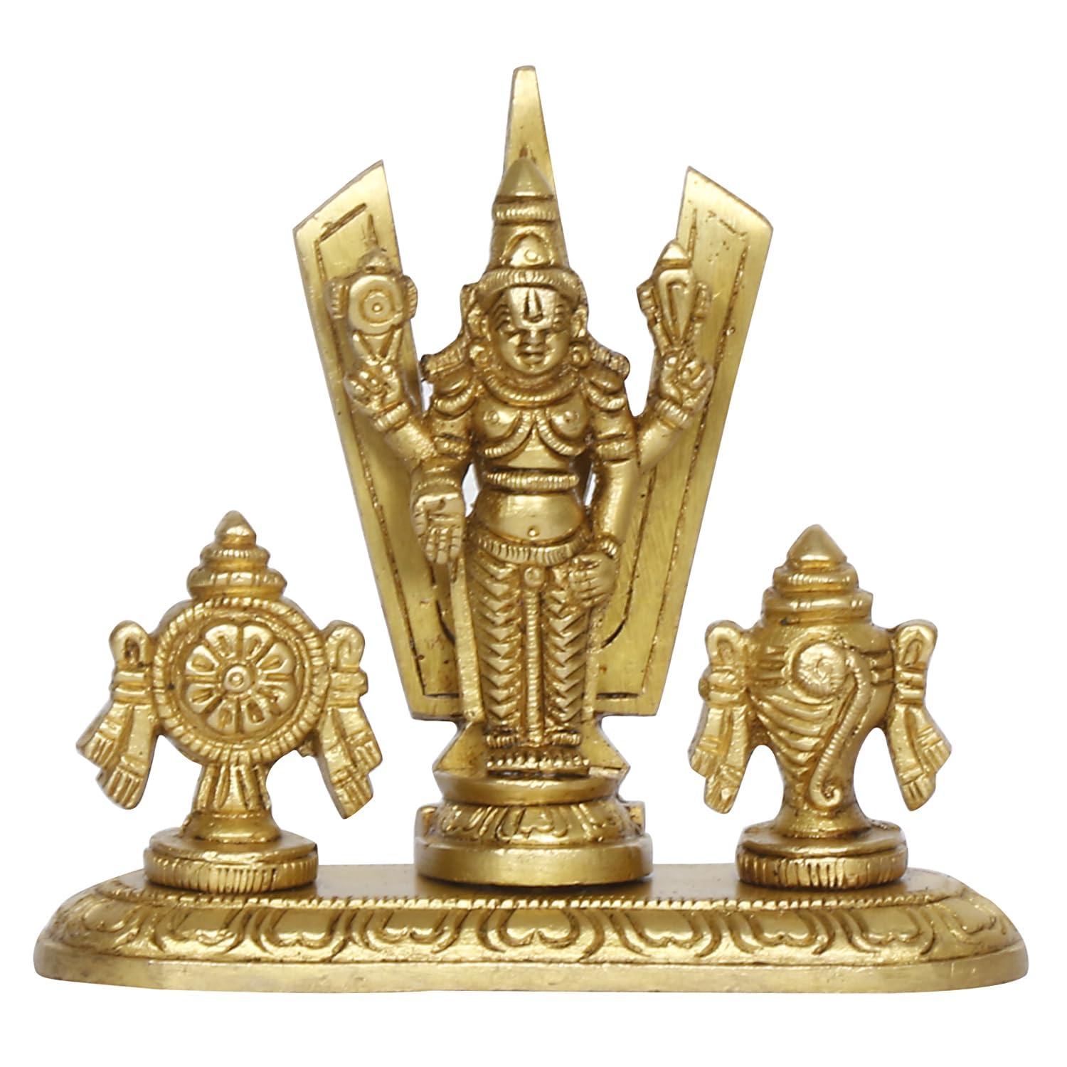 

Pure Brass Tirupati Balaji Idol With Shankh & Chakra, Golden Finish - 3.5 Inch