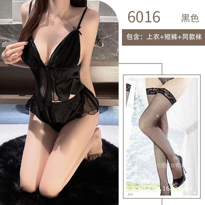 Sex Sexy Underwear Women's Summer Ice Silk Thin Sex Fun Front Open Lace Perspective Set