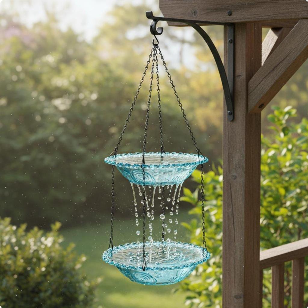Solar Powered Bird Bath Water Feature Cascading Hanging Attracts Birds 2Tier