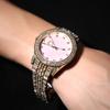 THE BLING KING Mother of Pearl Pink Dial Full Iced Out Two Tone Quartz Clock Business Waterproof Watches For Men Women