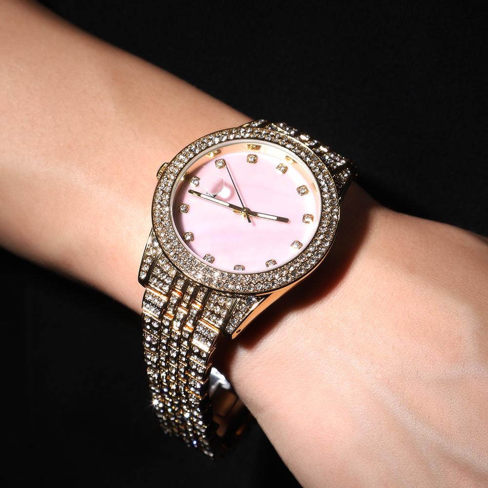 THE BLING KING Mother of Pearl Pink Dial Full Iced Out Two Tone Quartz Clock Business Waterproof Watches For Men Women