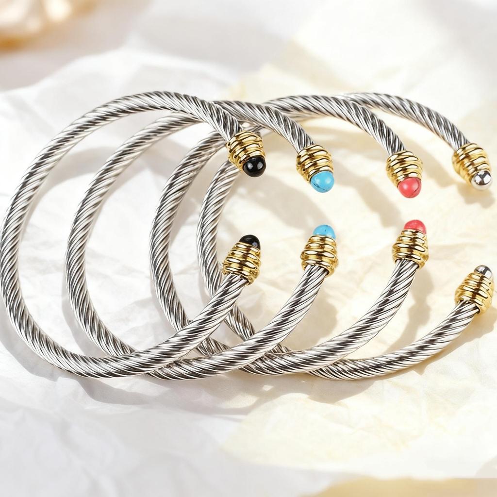 Women's Stainless Steel Wire Bracelet with Black/White Beads, Turquoise Crystals, and Pearl Accents