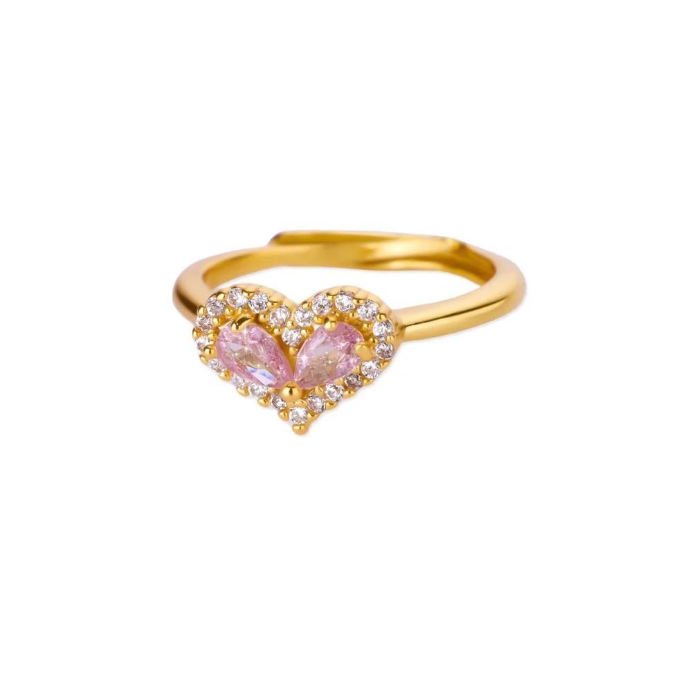 Pink Zircon Heart Rings For Women Gold Plated Stainless Steel Adjustable Heart Ring 2026 Trend Wedding Aesthetic Jewelry Gift