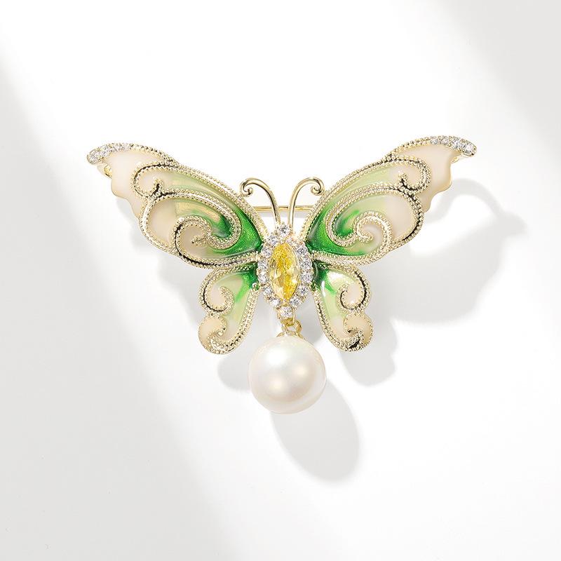 Korean High-End Butterfly Brooch with Drip Glaze Zirconia and Agate Pearls