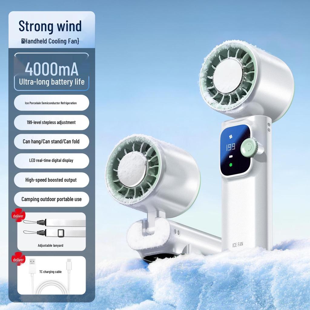 Portable High-Speed Cooling Handheld Fan with Strong Airflow, Long Battery Life, Foldable Neck, Digital Display, and Ice Pack Feature