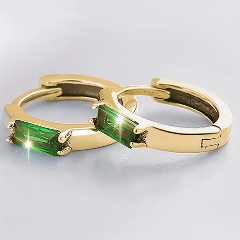 Single Baguette Cut Green Cubic Zirconia Tiny Hoop Earrings Silver Tone Four Prong Setting Minimalist Ladies Casual Accessories