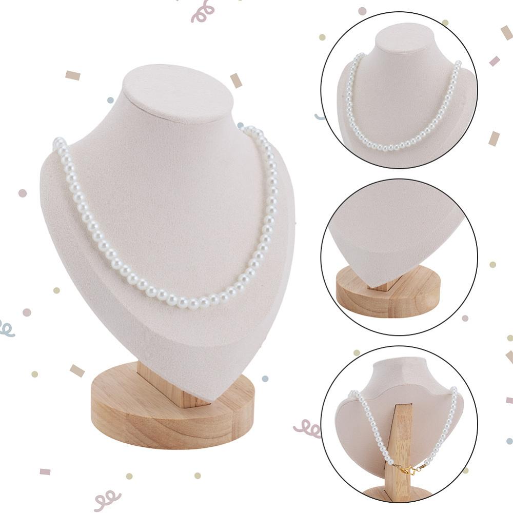 1pc Bust Shaped Velvet Necklace Display Stands with Wood Pedestal Old Lace 14.05x8.55x18.3cm