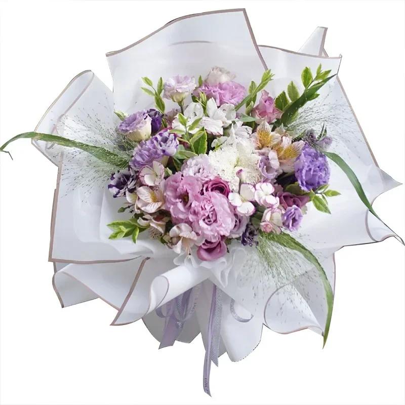 20 Sheets Korean Style Floral Wrapping Paper with Golden Border Semi Transparent Material for Rose Bouquet and Gift Packaging