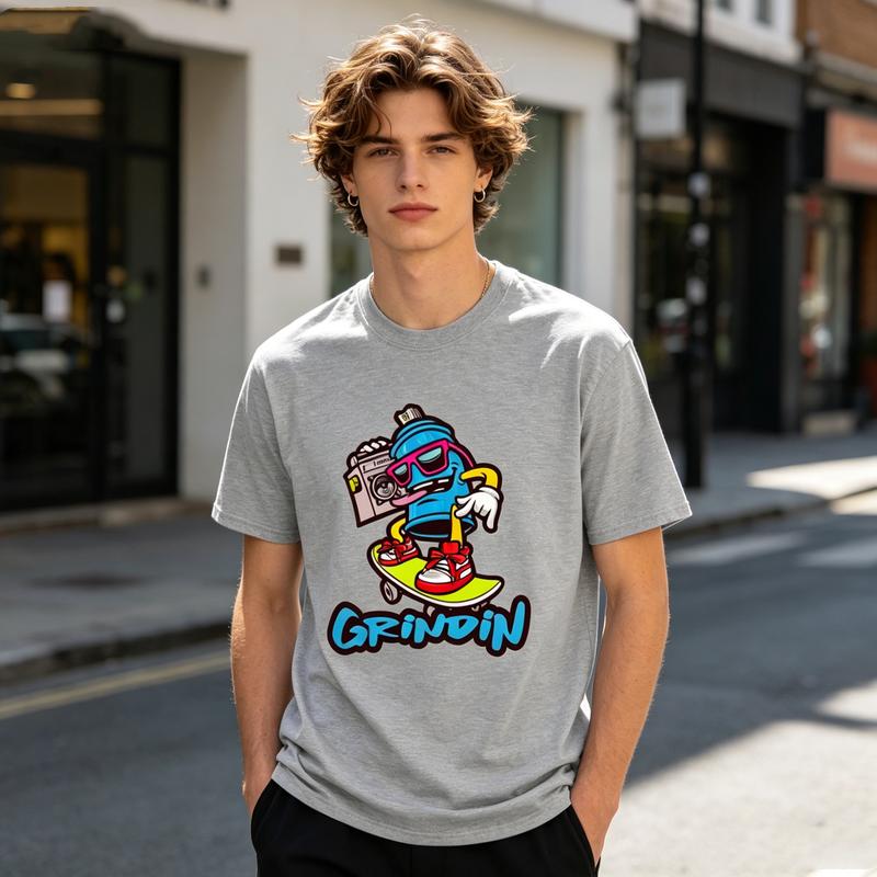Grindin Skater Graphic T Shirt Funny Cartoon Character Print Unisex Soft Cotton Crew Neck Short Sleeve Trendy Casual Tops