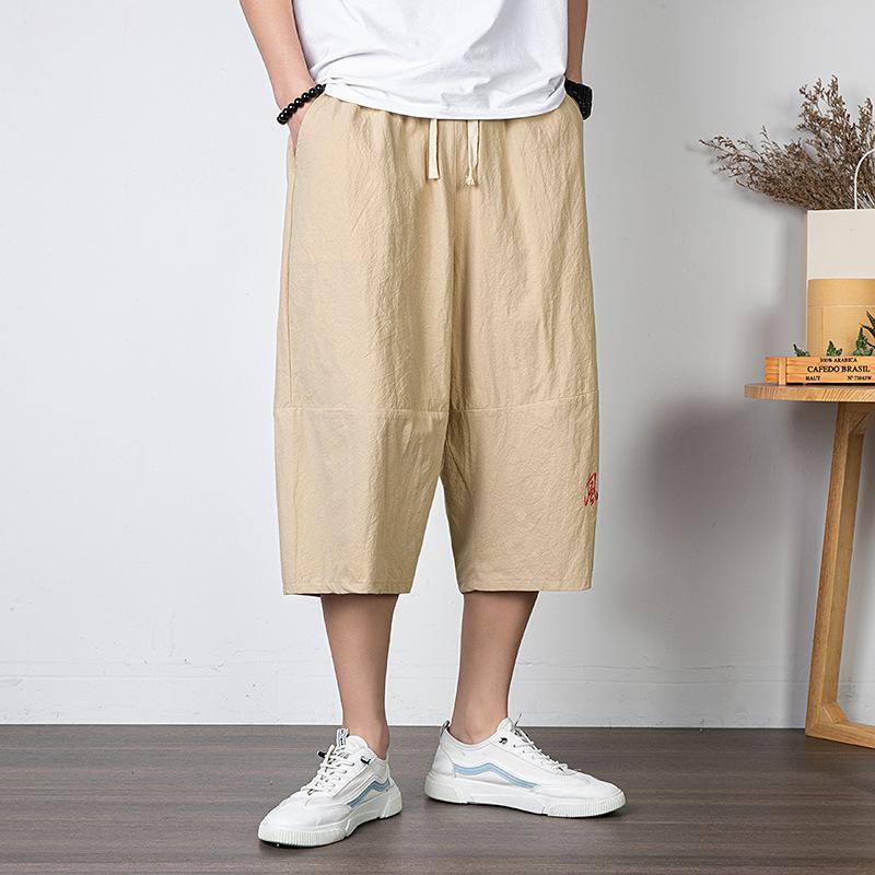 Men'S Linen Shorts Solid Color Loose Straight-Leg Beach Pants Cotton-Linen Plus SizeTrousers