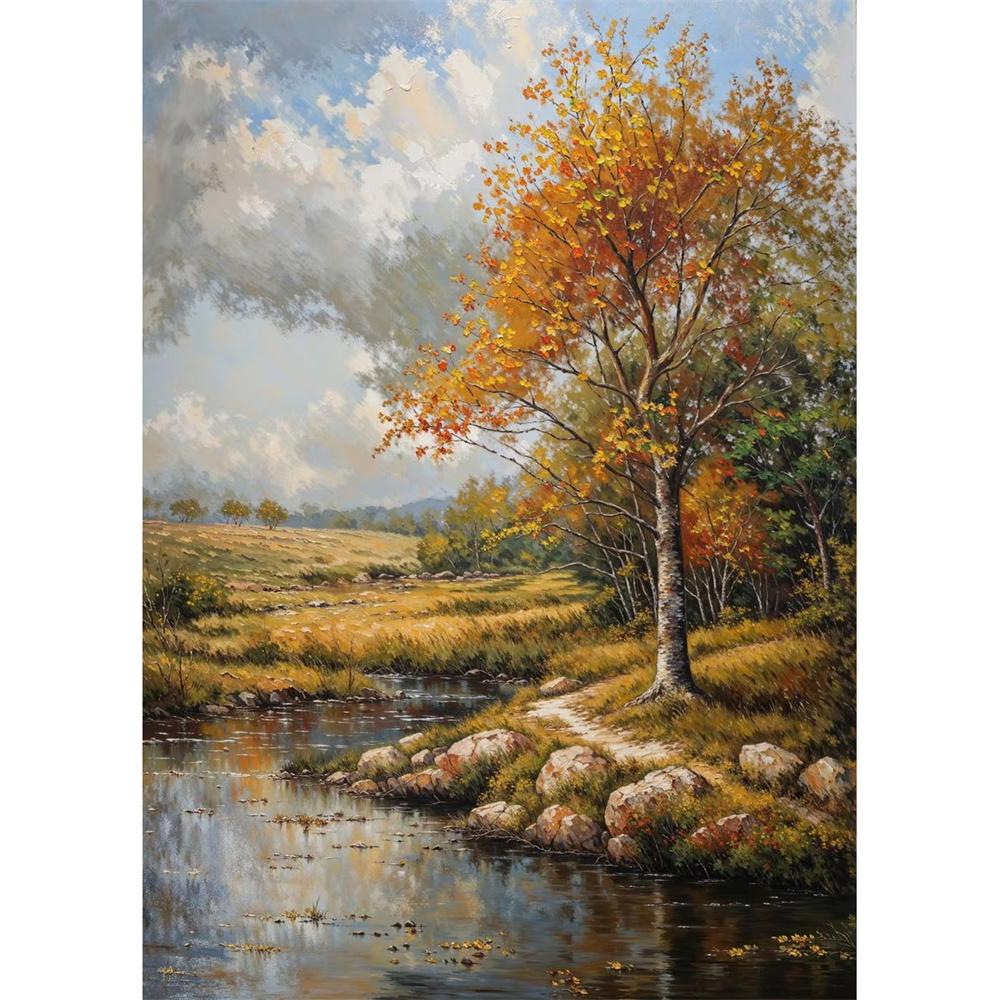 Cabana na Montanha Vista do Vale Caminho de Outono Prado de Verão Floresta de Árvores Nuvem Pôster Pintura em Tela Impressão para Sala de Estar Decoração de Casa