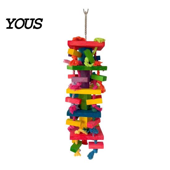 Durable Parrot Toy Chewing for Macaws African Greys, Colorful Wooden Block Puzzle with Cotton Rope Bird Tassels, Hanging Interactive