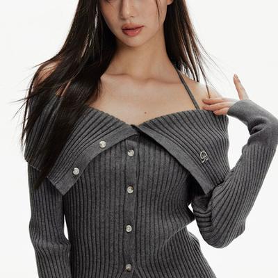 Outono Slash Neck Ombro A Ombro Mulheres Cardigans Y2K Estética Slim Vintage Grunge Suéteres Trendy Bandage Halter Malhas Feminino
