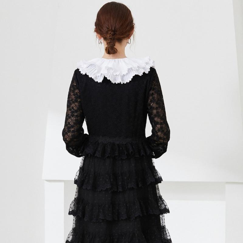 Korean Style Women Double Layer Pleated False Collar Shawl Scalloped Lace Trim White Half Shirt Lace-Up Poncho Capelet