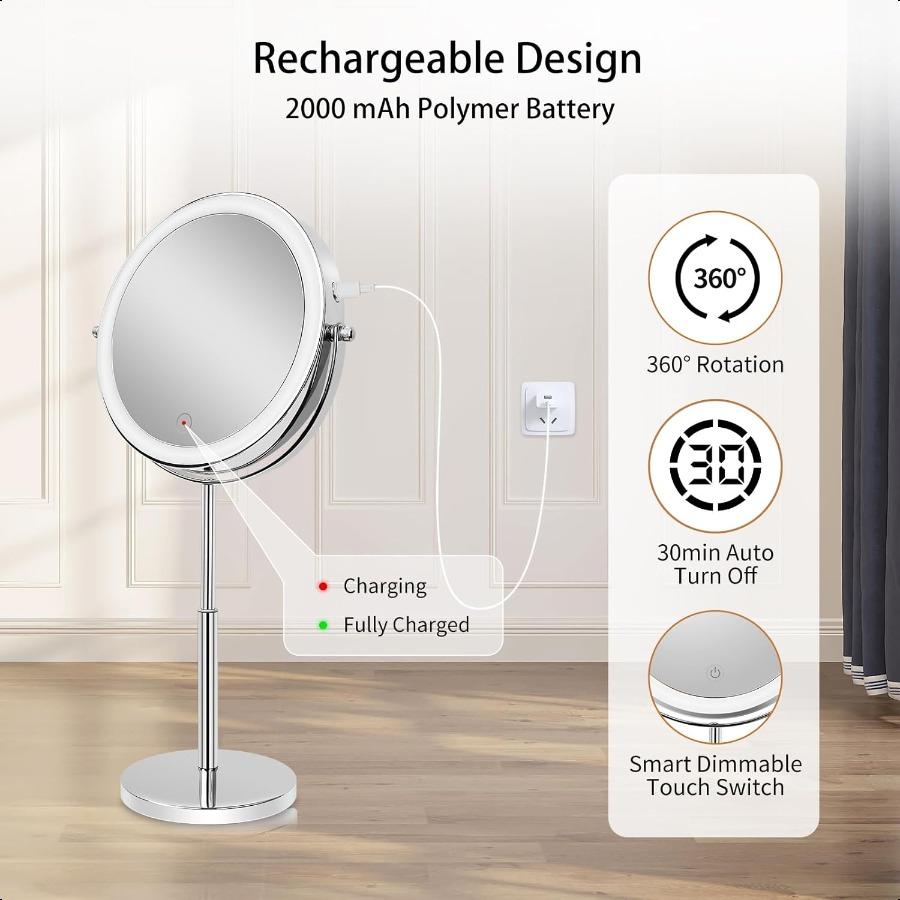 8Large Makeup Mirror with Lights1X 10X Rechargeable True Height Adjustable HD Magnifying Mirror with 3 Color Dimmable Lights 36