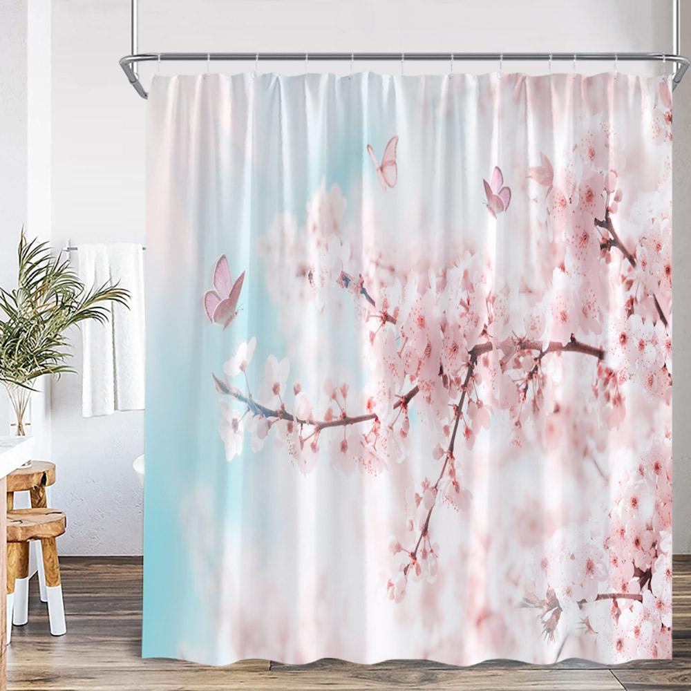 Watercolor Floral Shower Curtain Colorful Flower Blossom Butterfly Plants Bathroom Decoration Modern Bathtub Curtain with HooksW