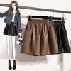 DIMANAF 2024 Übergröße Herbst Winter Shorts Damen Lässig Uni Neu PU Leder Locker Weites Bein Hosen Hohe Taille Kurze Hosen