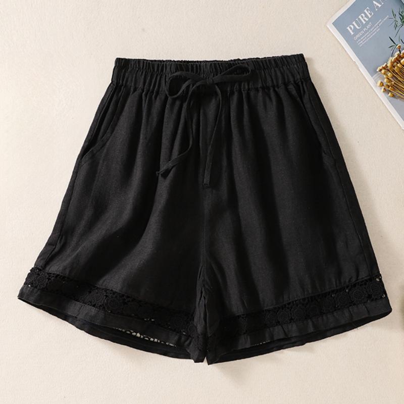 Casual Solid Linen Lace Floral Summer Short Pants Loose Elastic Waist Boho Beach Wear Shorts Women Bottom
