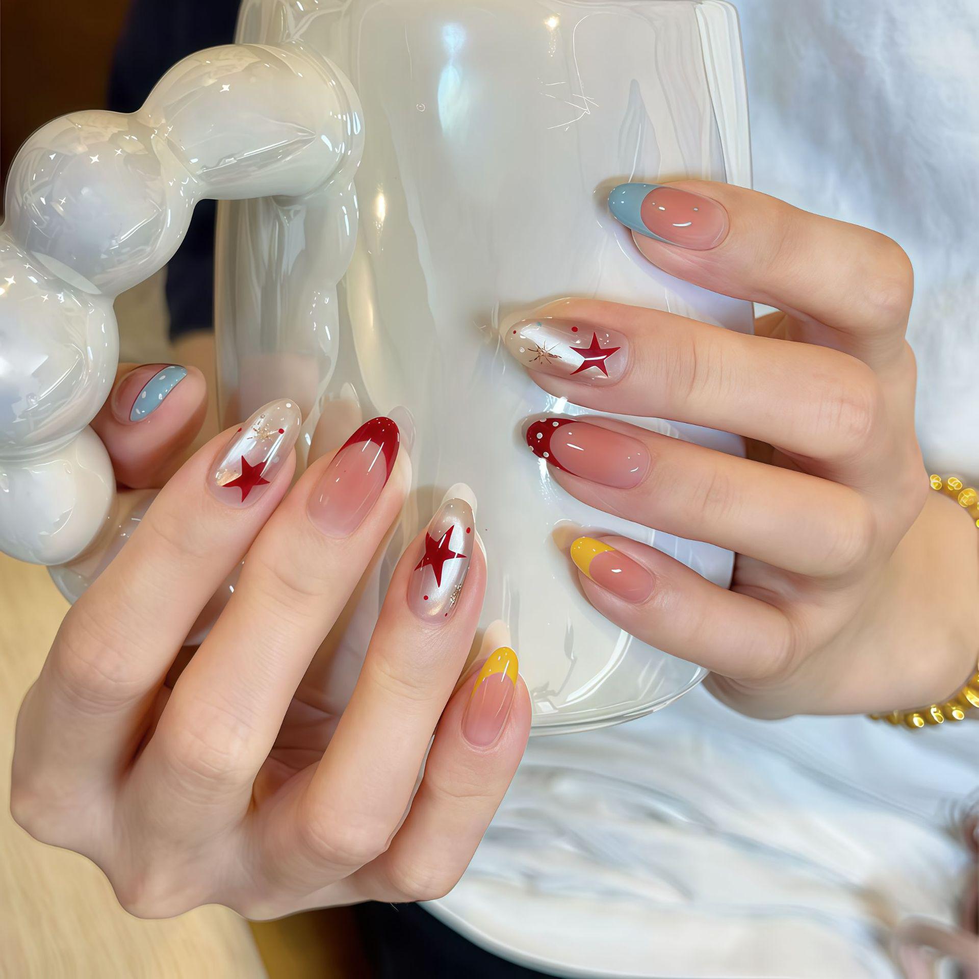 Star Sugar Milk Cap: Hand-Painted Cat Eye Polka Dot Nail Art with French Star Glass Beads - Korean Style Whitening Design XS